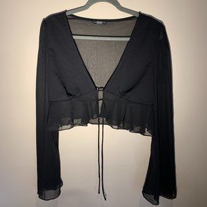 Black Tie Front Ruffle Hem Top